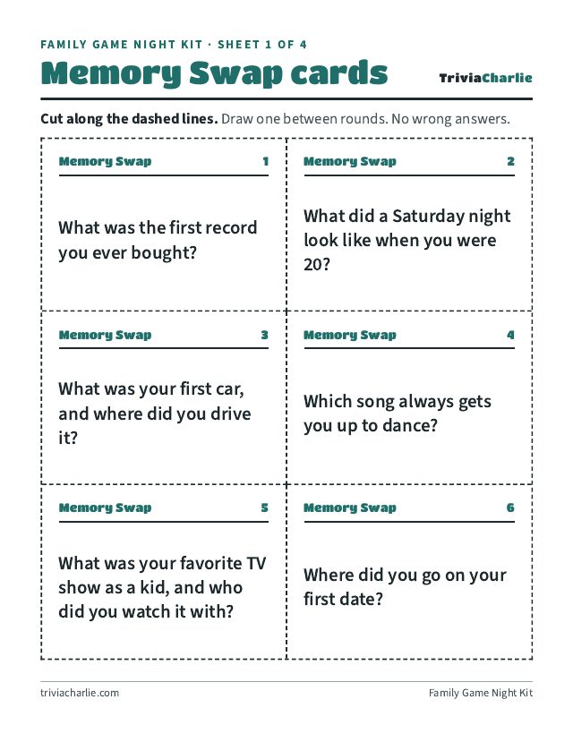 A sheet of Memory Swap conversation cards from the Family Game Night Kit