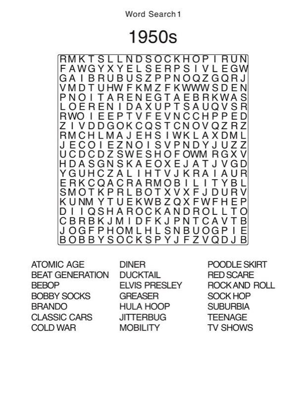A 1950s word search page from the Memory Lane Puzzle Pack
